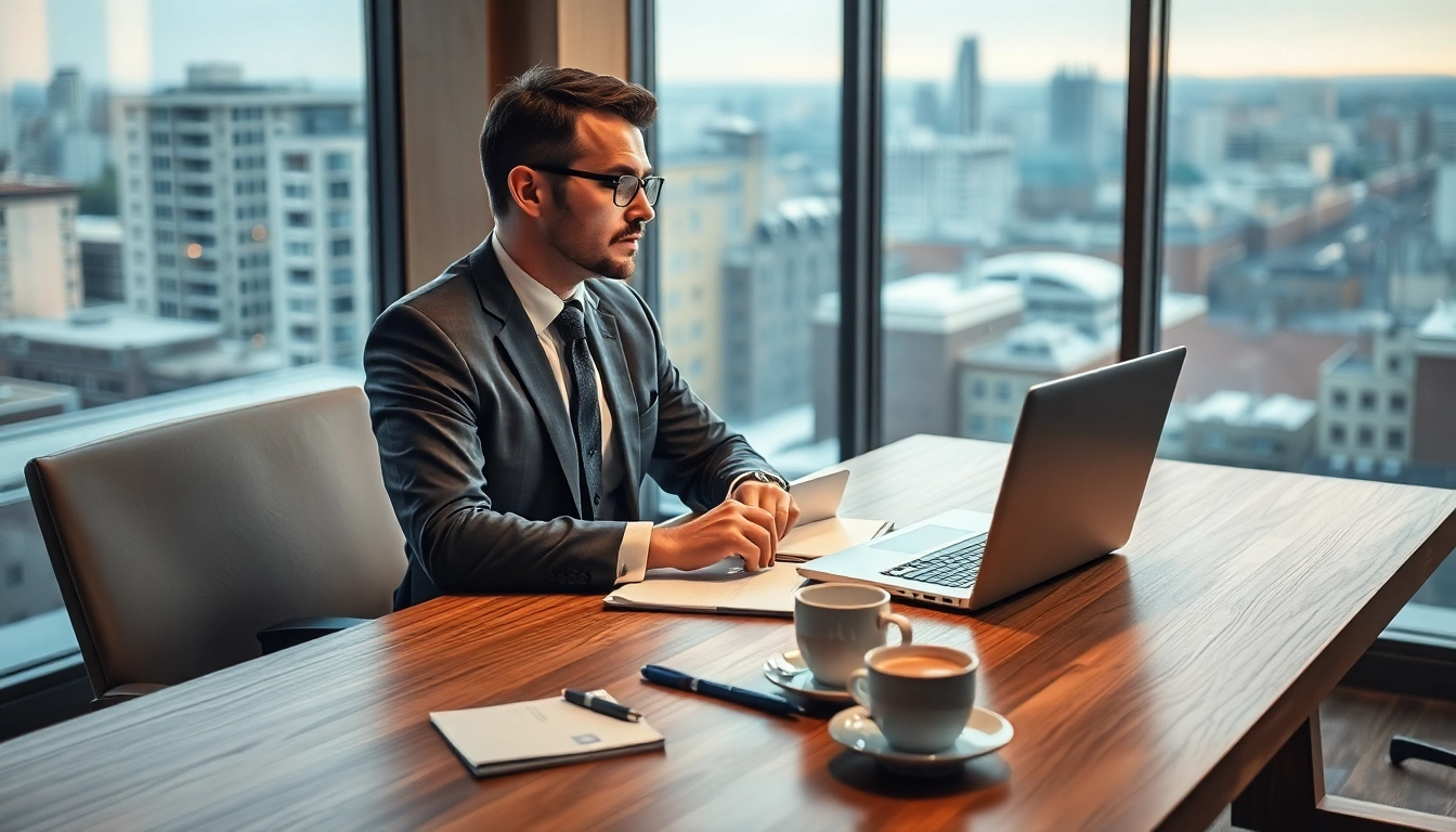 Headhunter analysiert Bewerbungsunterlagen an einem eleganten Schreibtisch mit Laptop und Notizen.
