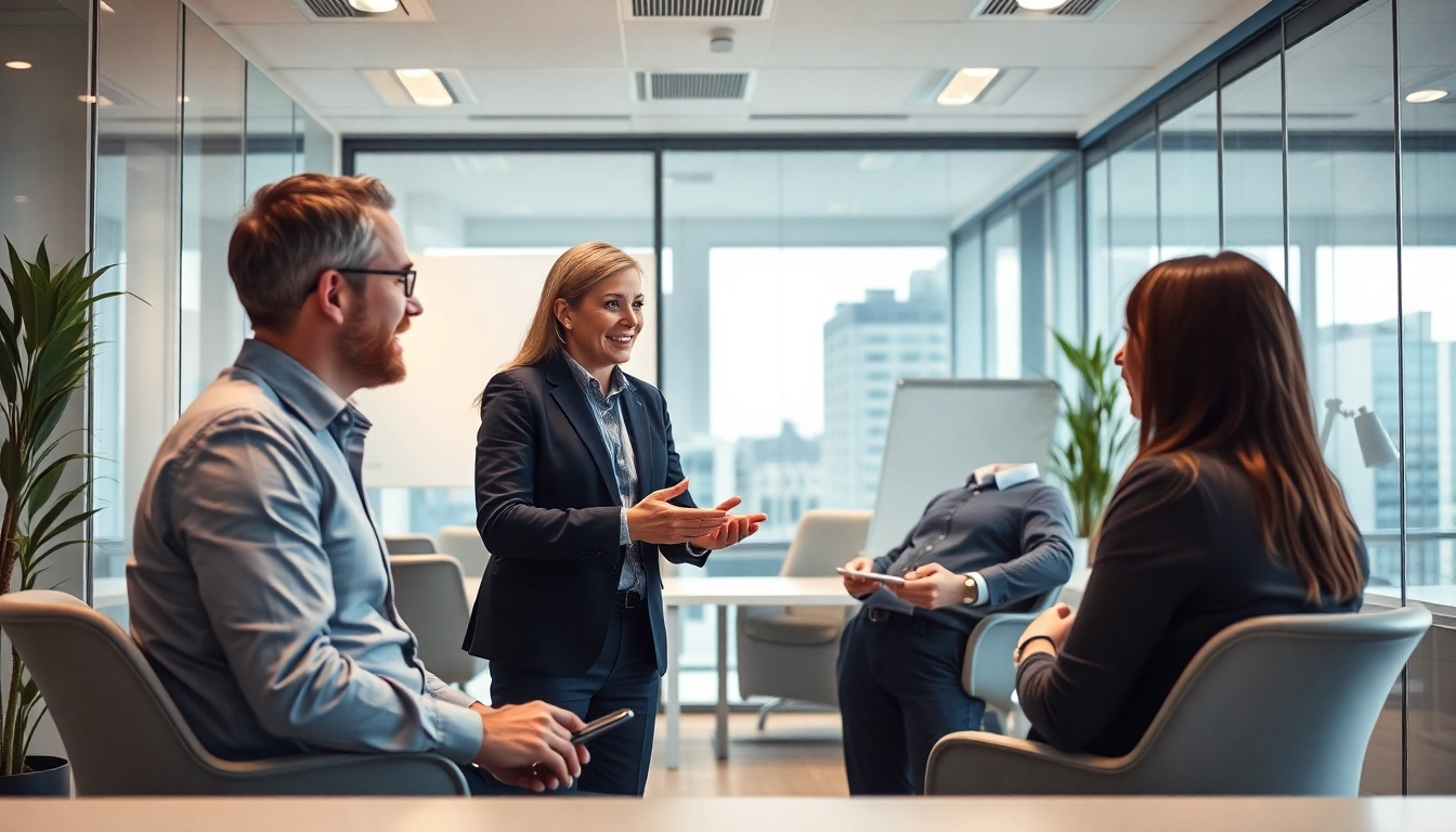 Personalvermittlung zwischen einem Personalvermittler und einem potenziellen Bewerber in einem modernen Büro.
