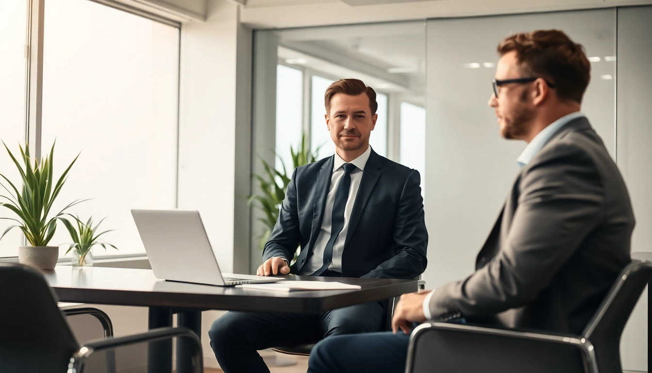 Headhunter Schweiz präsentiert einem Klienten seine Dienstleistungen in einem modernen Büro.