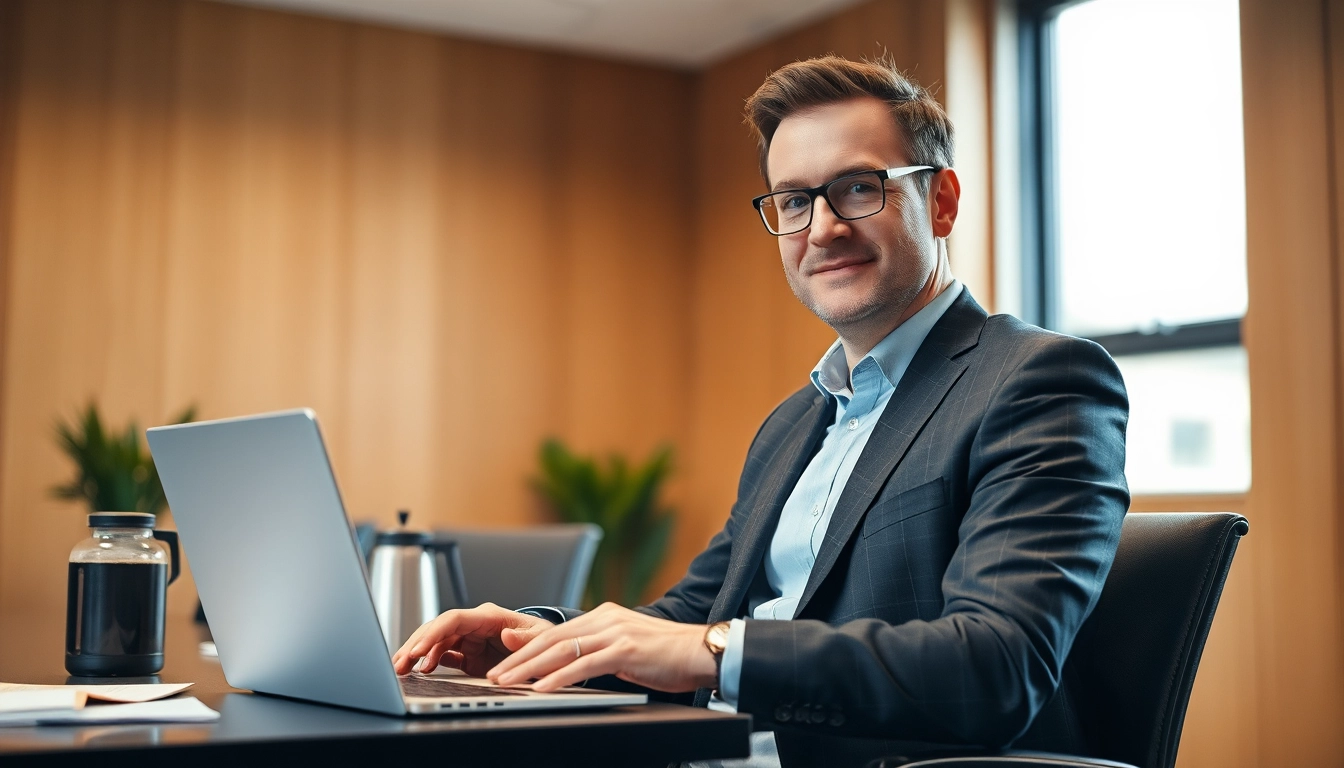 Headhunter Karlsruhe in einem modernen Büro bei der Arbeit am Laptop, umgeben von Notizen und einem Kaffeebecher.