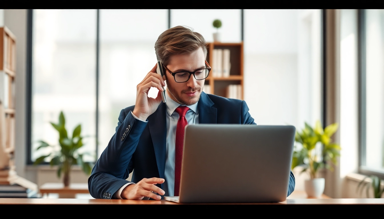 Headhunter CEO berät einen Klienten am Laptop in modernem Büro.