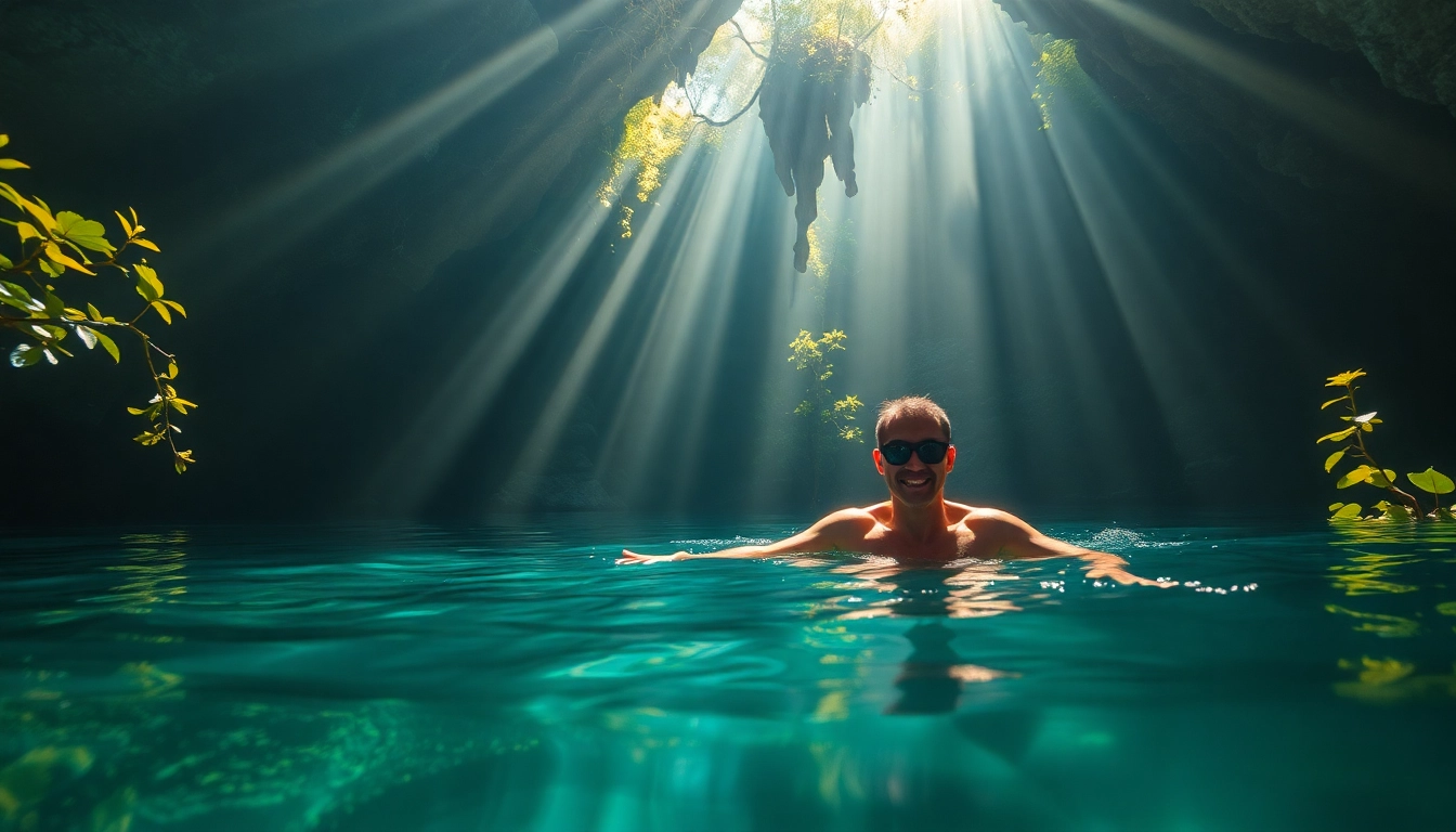 Tauchen Cenotes in einem schönen, kristallklaren Wasser umgeben von Dschungel und faszinierenden Felsen.