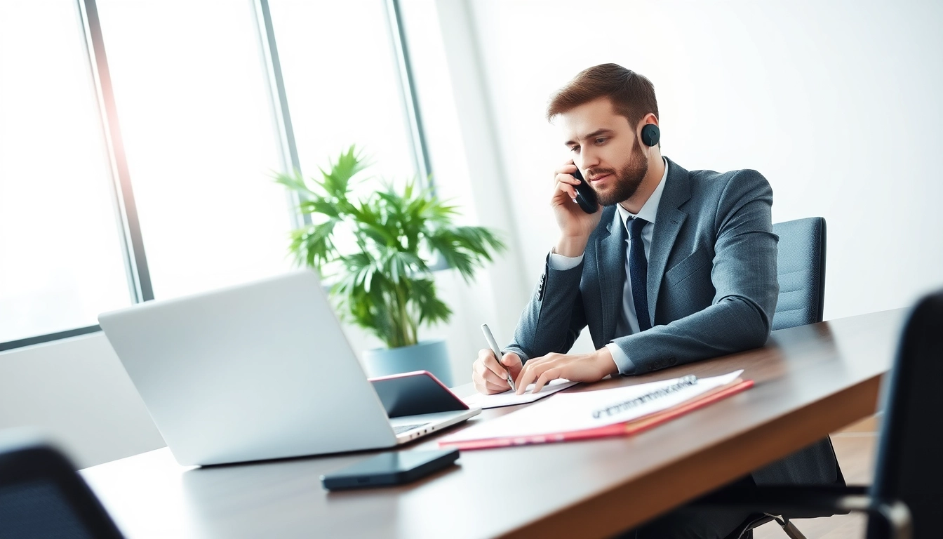 Headhunter IT spricht am Telefon und notiert in seinem modernen Büro.
