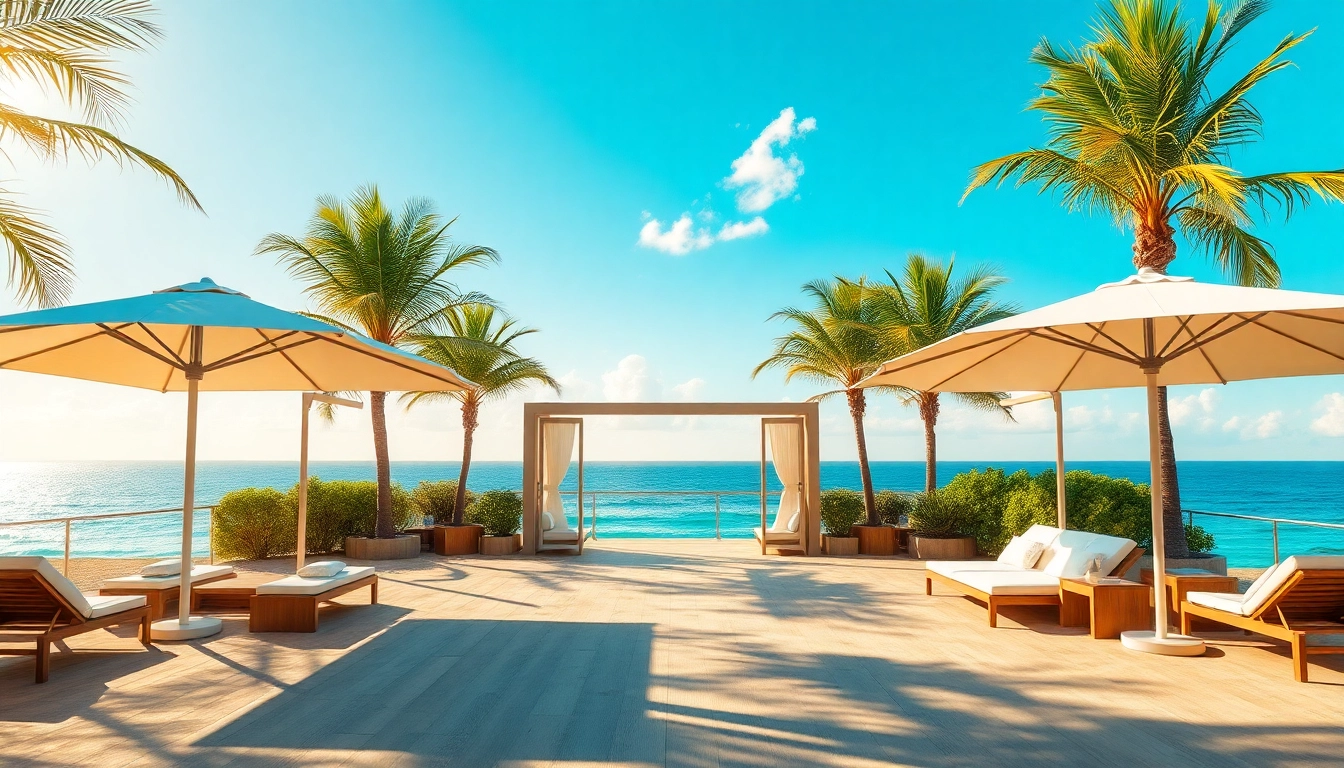 Relax in the coastal cabana surrounded by palm trees and golden sand, offering a serene beach retreat.