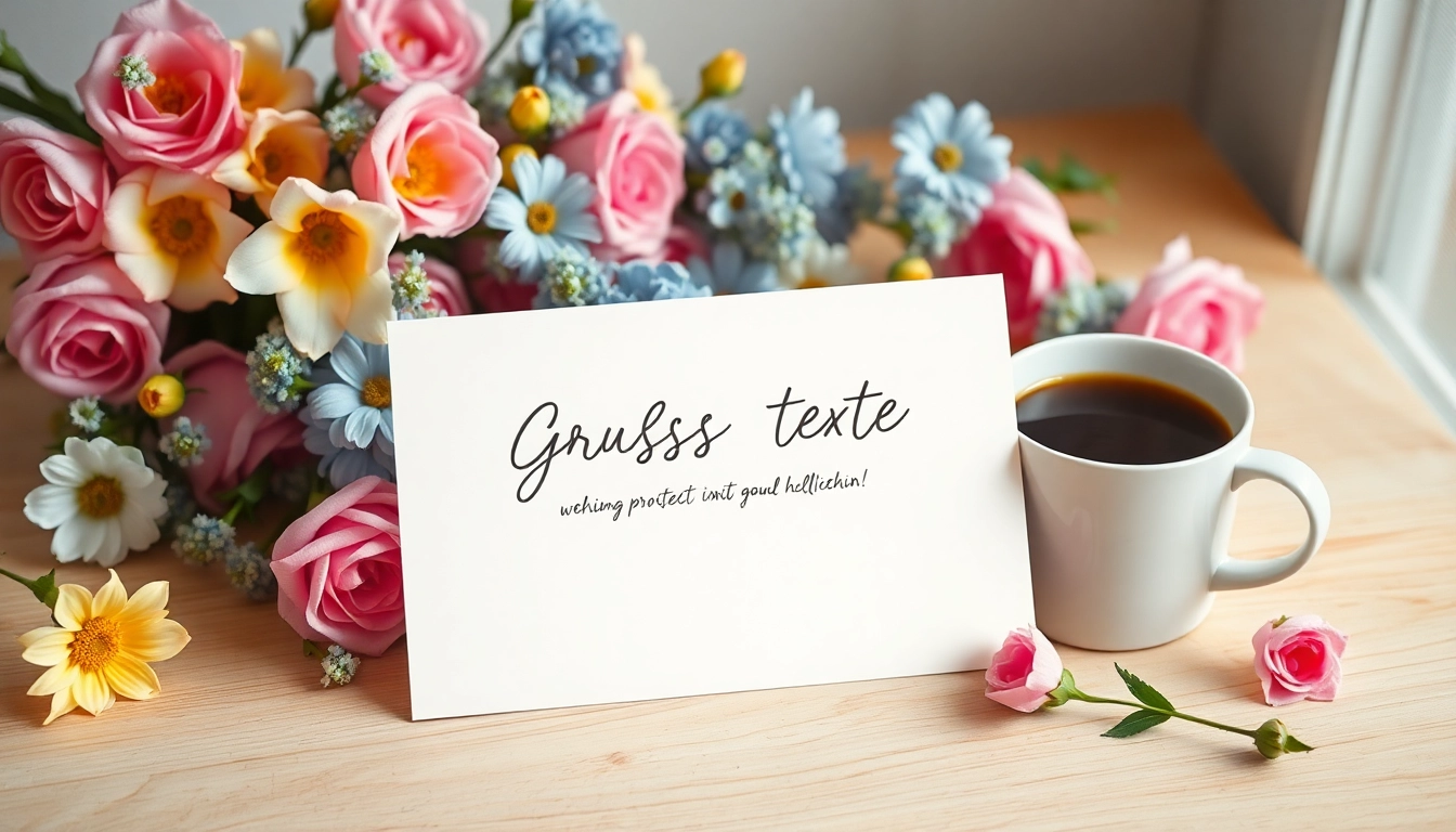 Karten mit eigenem Text auf einem hellen Holztisch, umgeben von Blumen und Stiften, die Kreativität ausstrahlen.