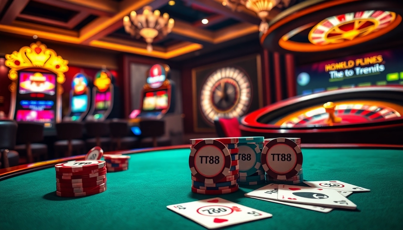 Experience high-stakes gaming with TT88 at a luxurious casino table featuring vibrant poker chips.