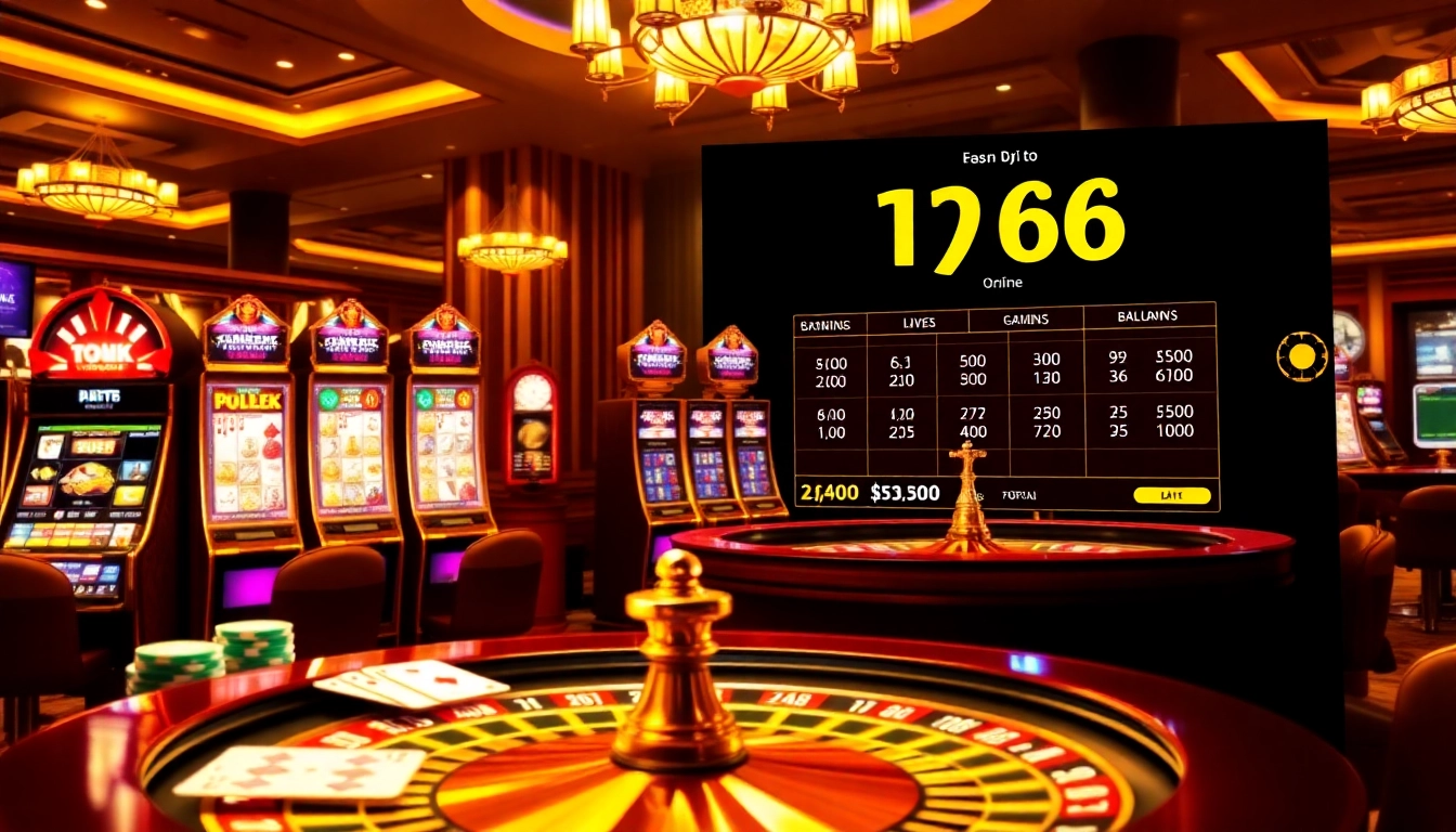 Bj66 online casino scene with vibrant slot machines, poker chips, and live betting interface.