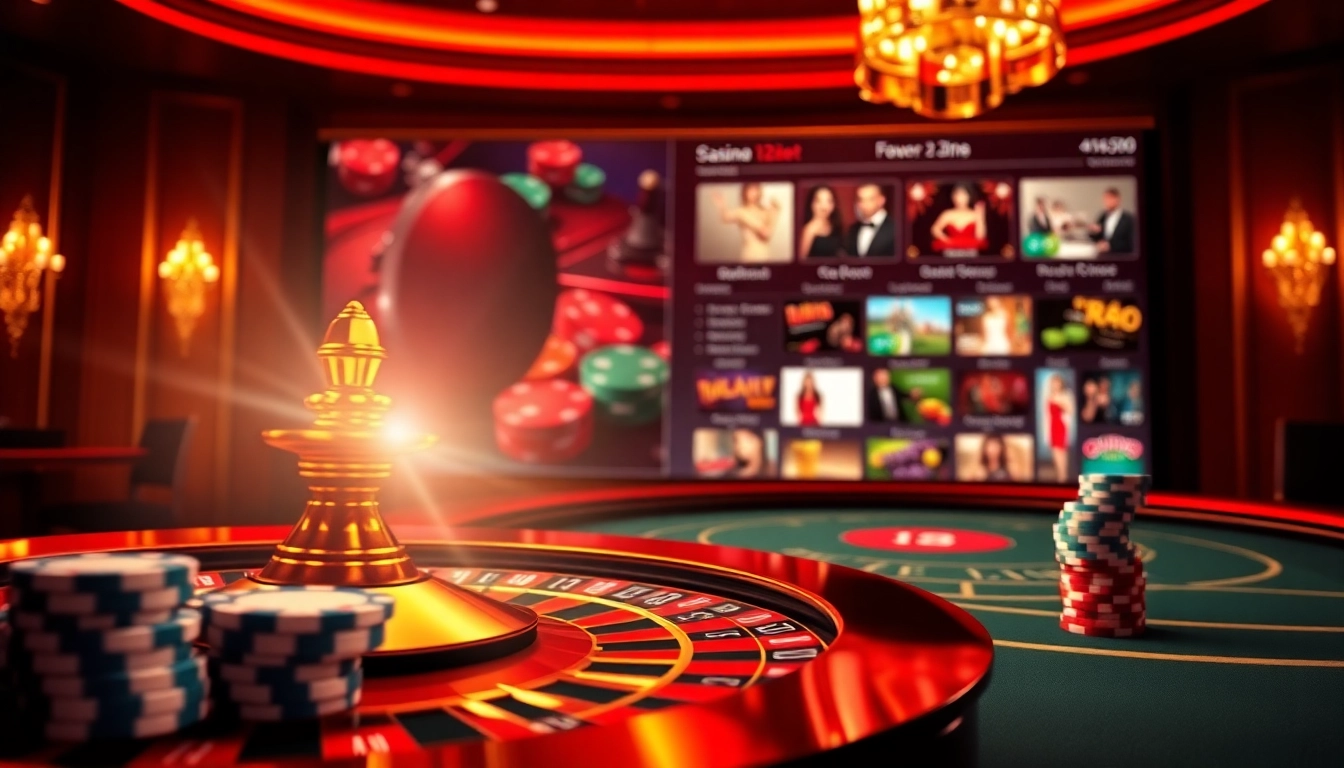 Engage in thrilling online gaming with link 12bet's vibrant casino atmosphere featuring roulette and poker chips.