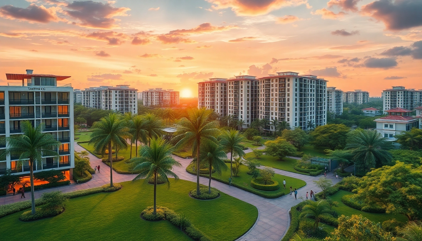 Tampines EC showcases modern architecture amidst lush greenery in a serene sunset.