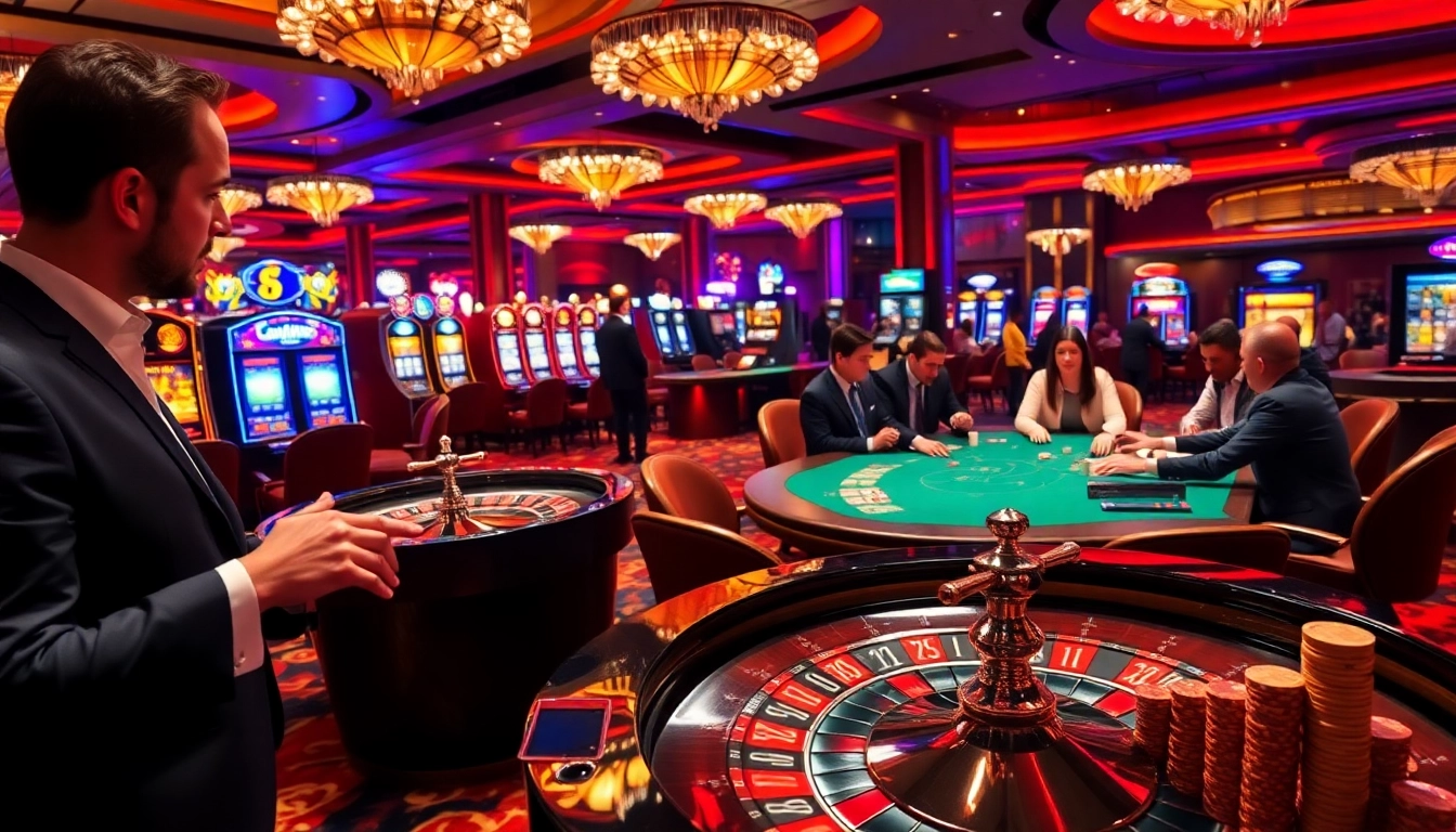Engaging casino experience at https://cf789.lat with players at roulette and poker tables.