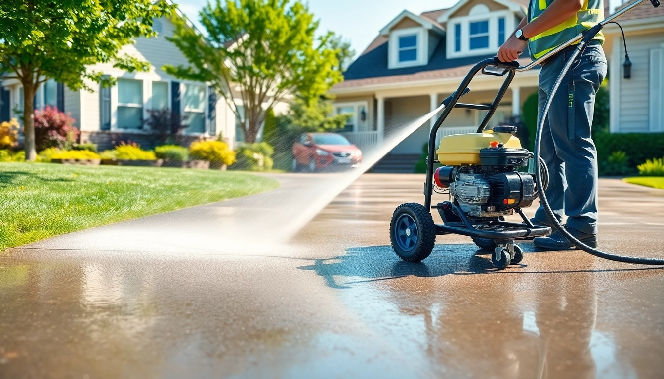 Driveway pressure wash in action, showing a technician cleaning a concrete driveway effectively.