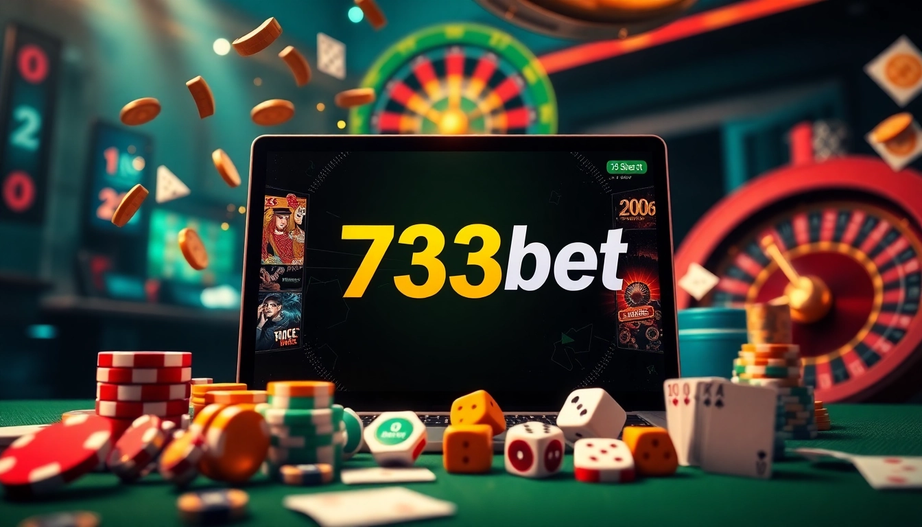Enjoy a thrilling gaming experience at 733bet with vibrant casino tables, cards, and roulette wheels.
