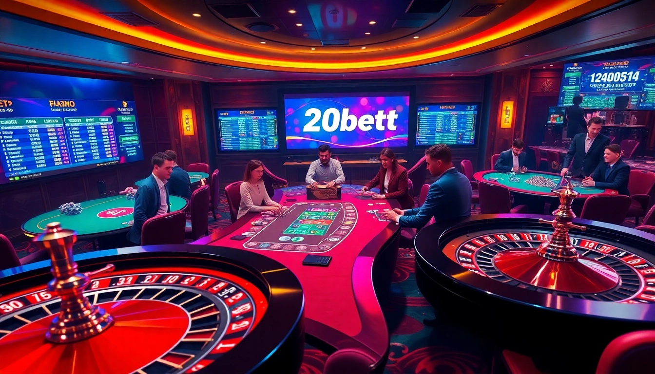 Experience 20bet's thrilling online betting scene with poker players and vibrant casino ambiance.