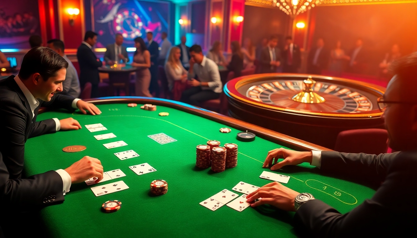 Experience the thrill of Ga888 with players at a poker table engaged in high-stakes action.