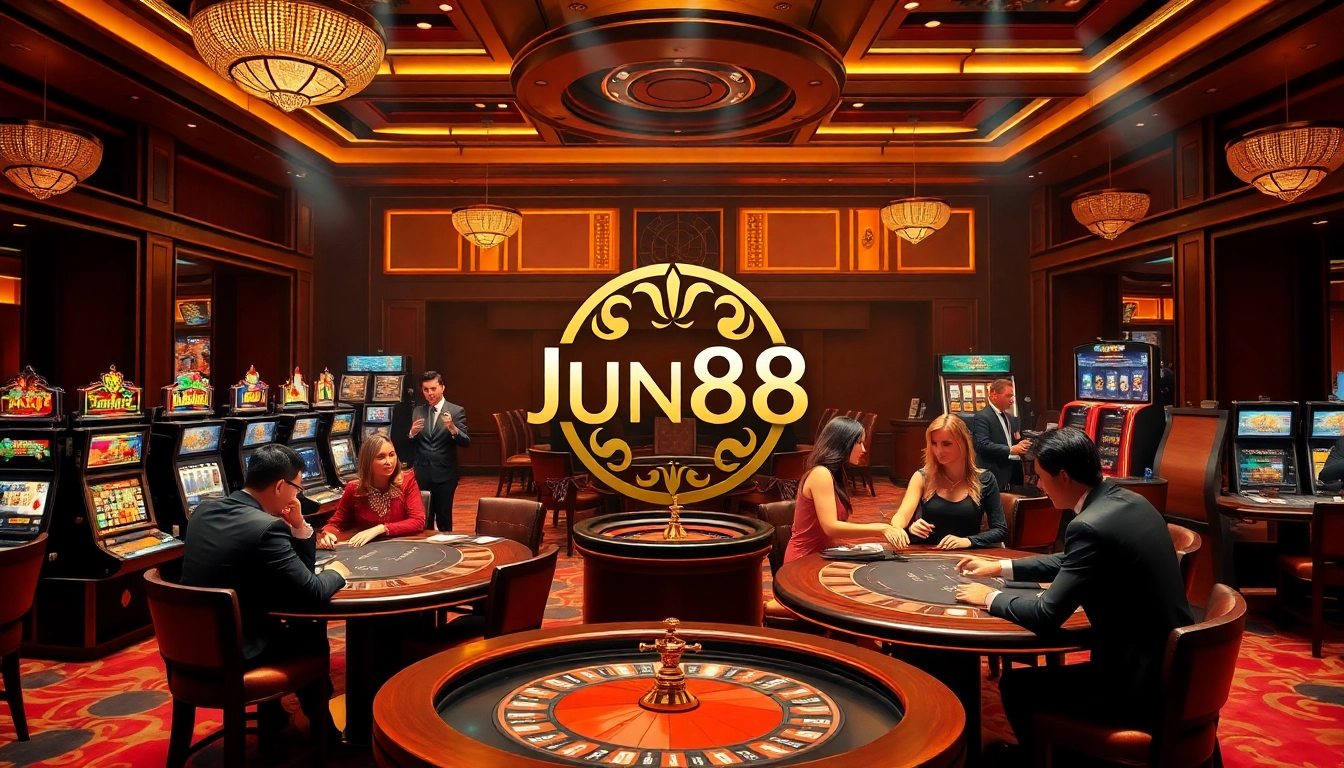 Players strategizing in a luxurious Jun88 casino setting with tables, slot machines, and excitement.