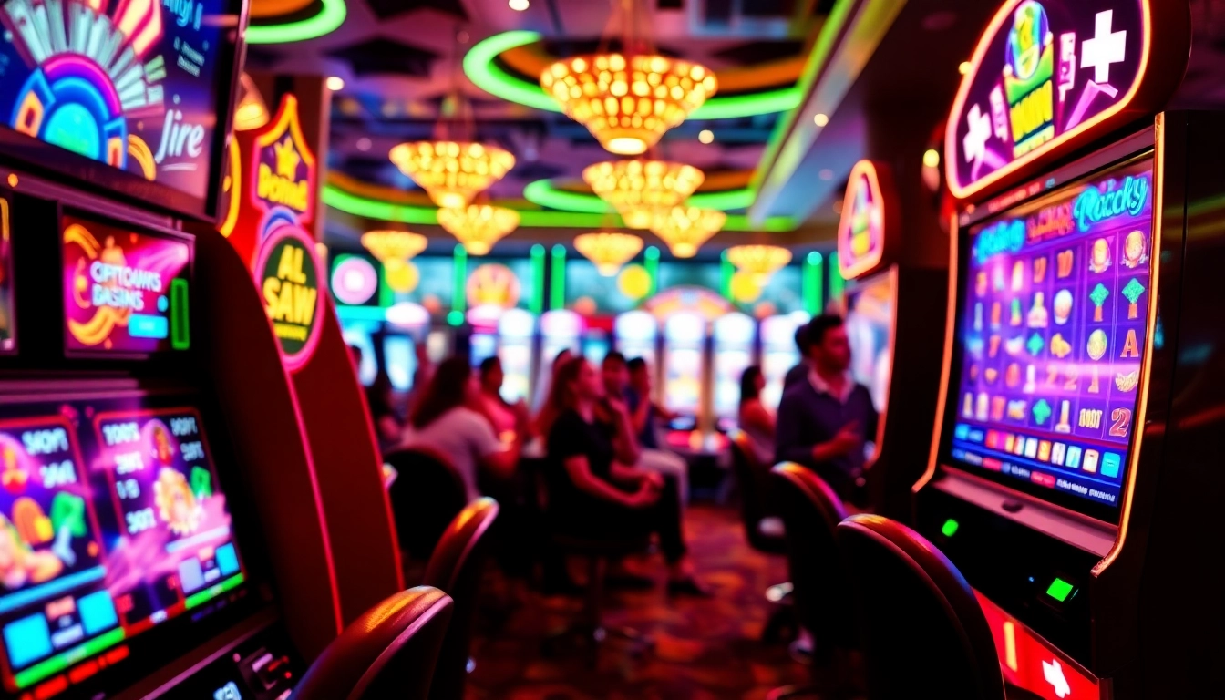 Magyar online casino játékosok szórakozása színes nyerőgépeken a kaszinóban.