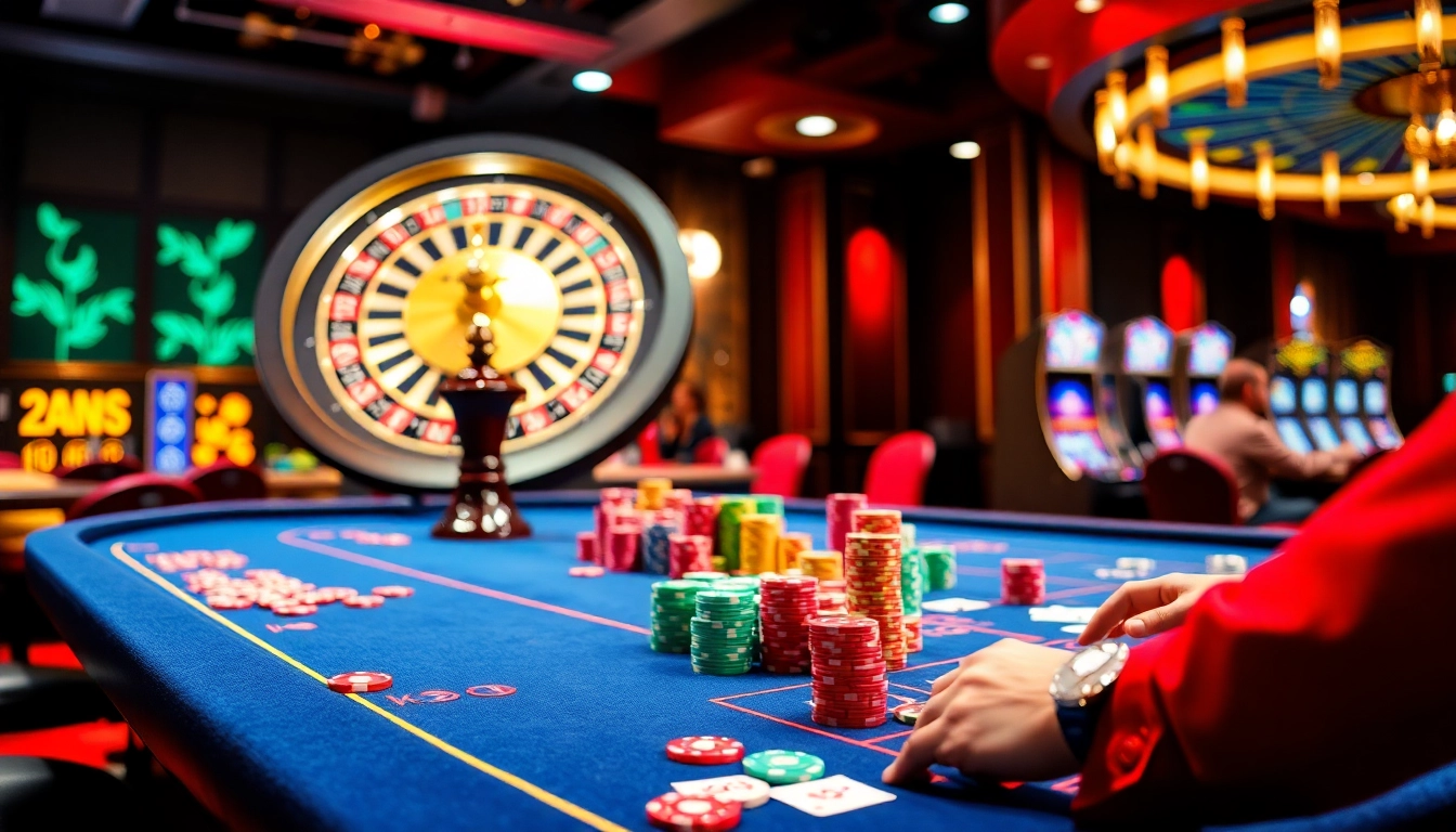 Players enjoy thrilling games at a vibrant casino table on https://kuwinzhz.com/, showcasing poker chips and cards.