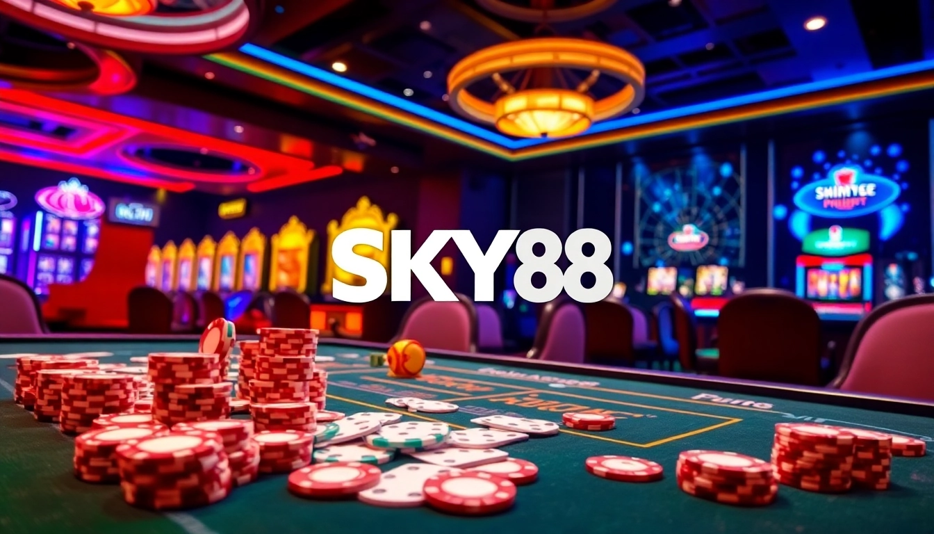 Experience the thrill of SKY88 with vibrant casino gaming tables, roulette wheels, and enthusiasts playing.