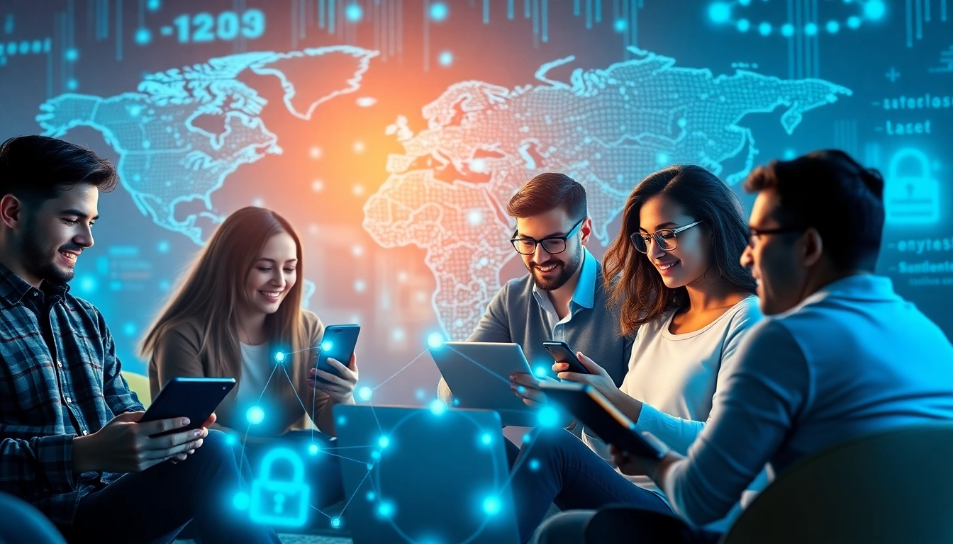 快连官网 showcasing users enjoying fast internet on multiple devices with global network illustration.