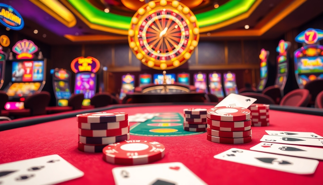 Experience the excitement of Luckywin with a vibrant casino scene featuring gaming tables and slot machines.