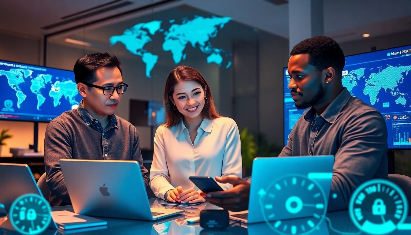 快连官网 offers a modern workspace showcasing global connectivity, speed, and security in network solutions.