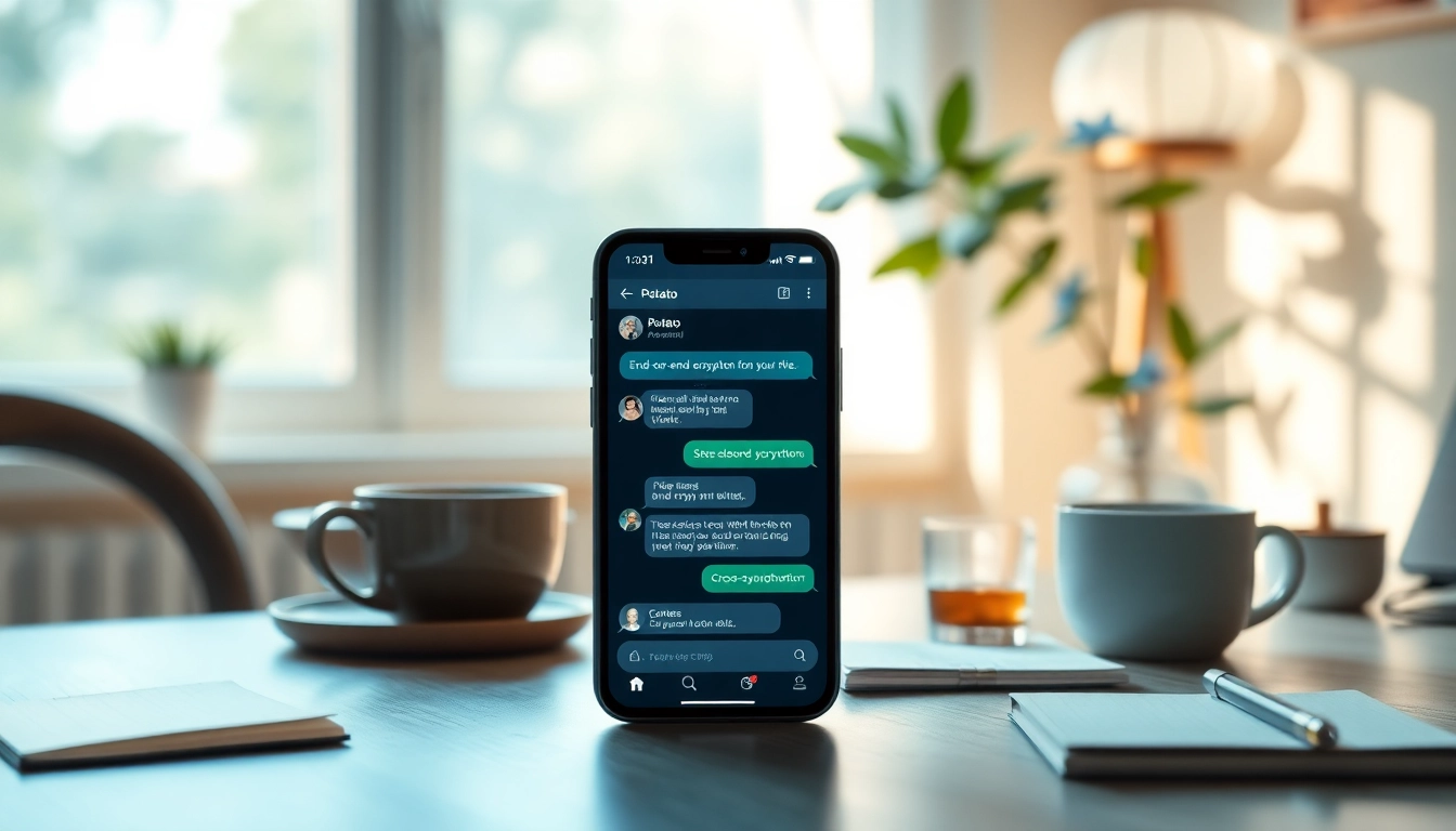 Potato app interface on a smartphone emphasizing privacy features in a cozy workspace.