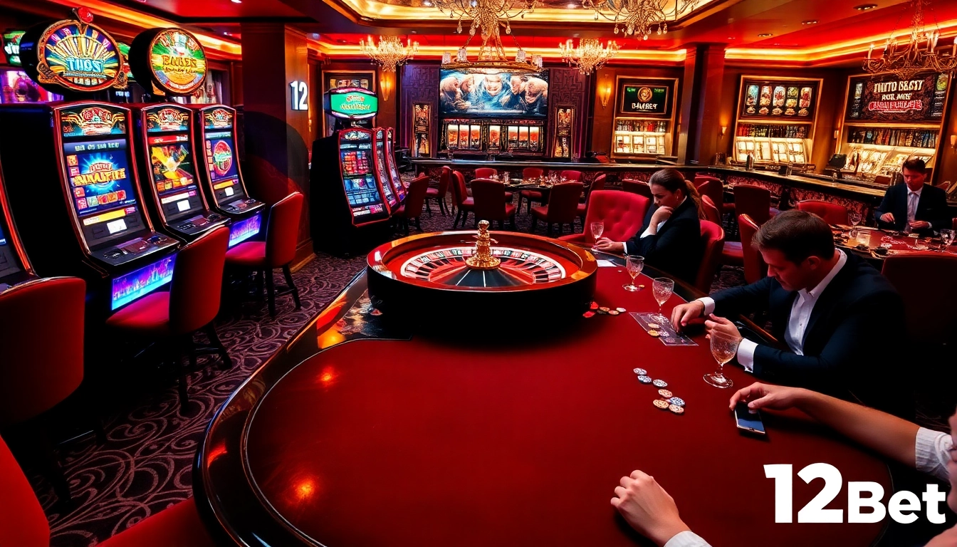Players enjoying a thrilling casino experience at 12Bet with slot machines and poker tables.