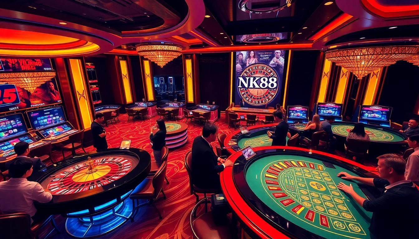 Players enjoy exciting games at NK88 casino, surrounded by vibrant decor and betting action.