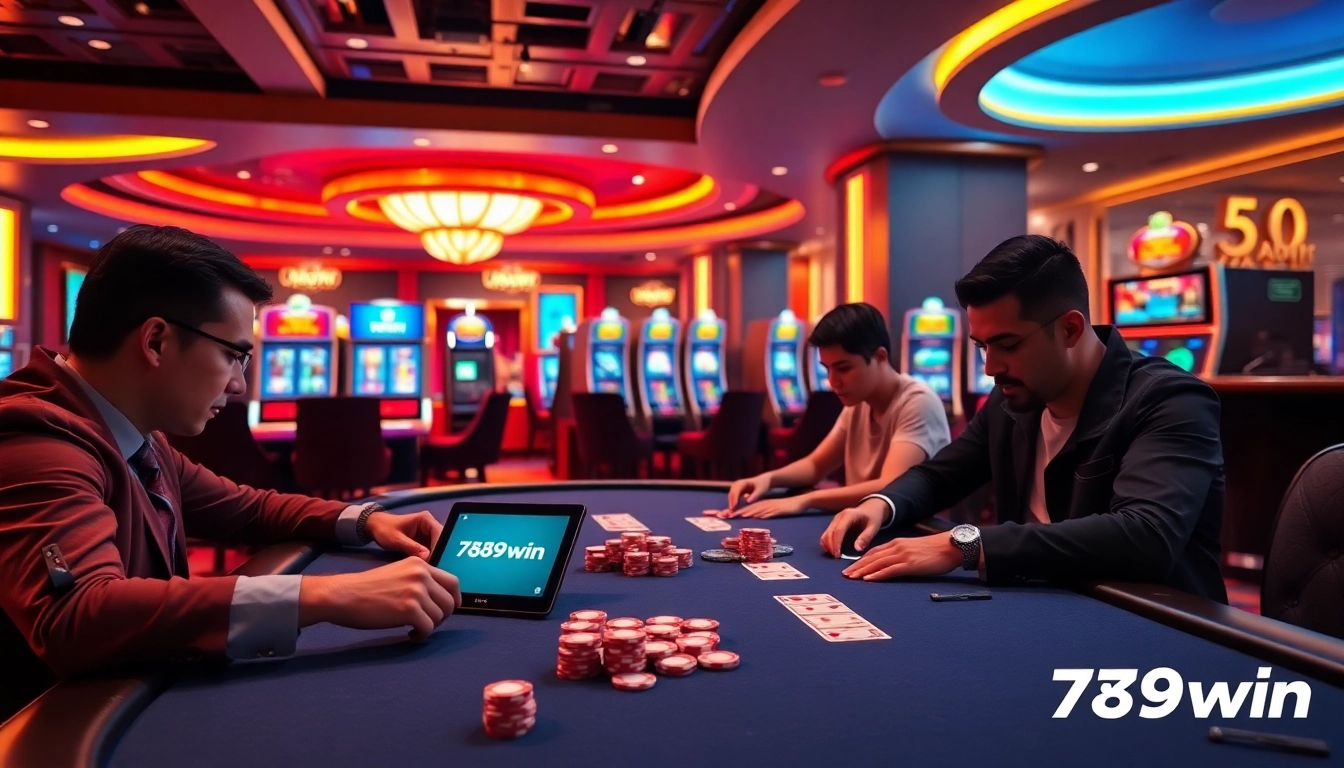 Engaging scene at 789win casino with vibrant tables, cards, and excited players.