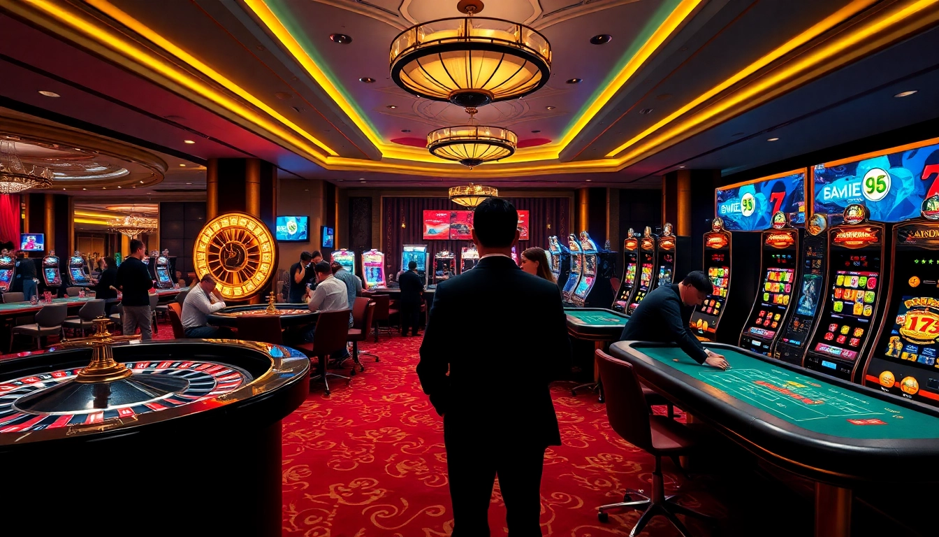 Experience the thrill of đăng nhập 789club at a vibrant casino, complete with roulette wheels and poker tables.