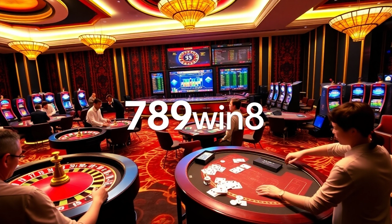 Players enjoying thrilling games at 789win8 casino with vibrant tables and slot machines.