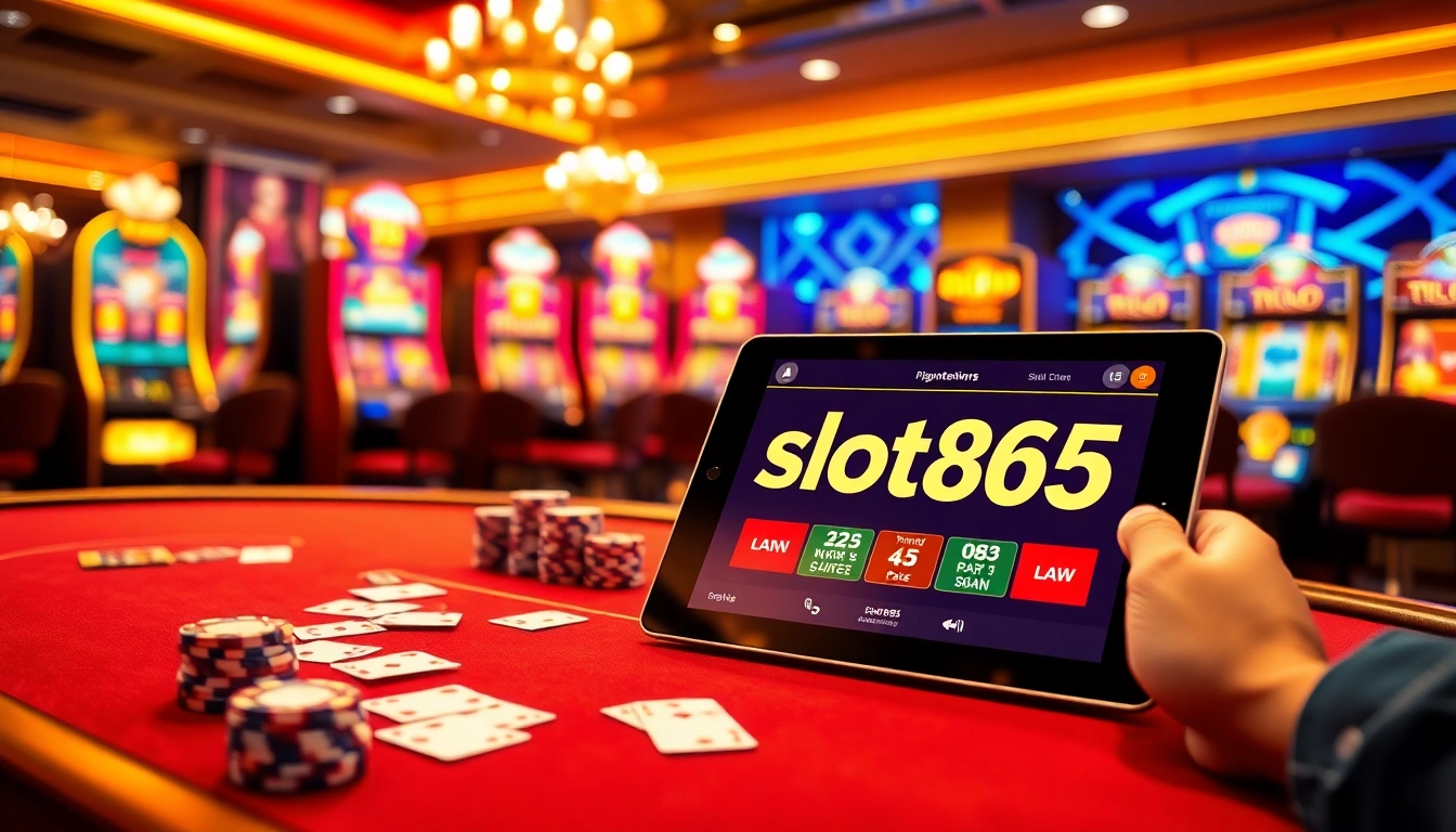 SLOT365 gaming table filled with vibrant poker chips and cards, highlighting online casino excitement.
