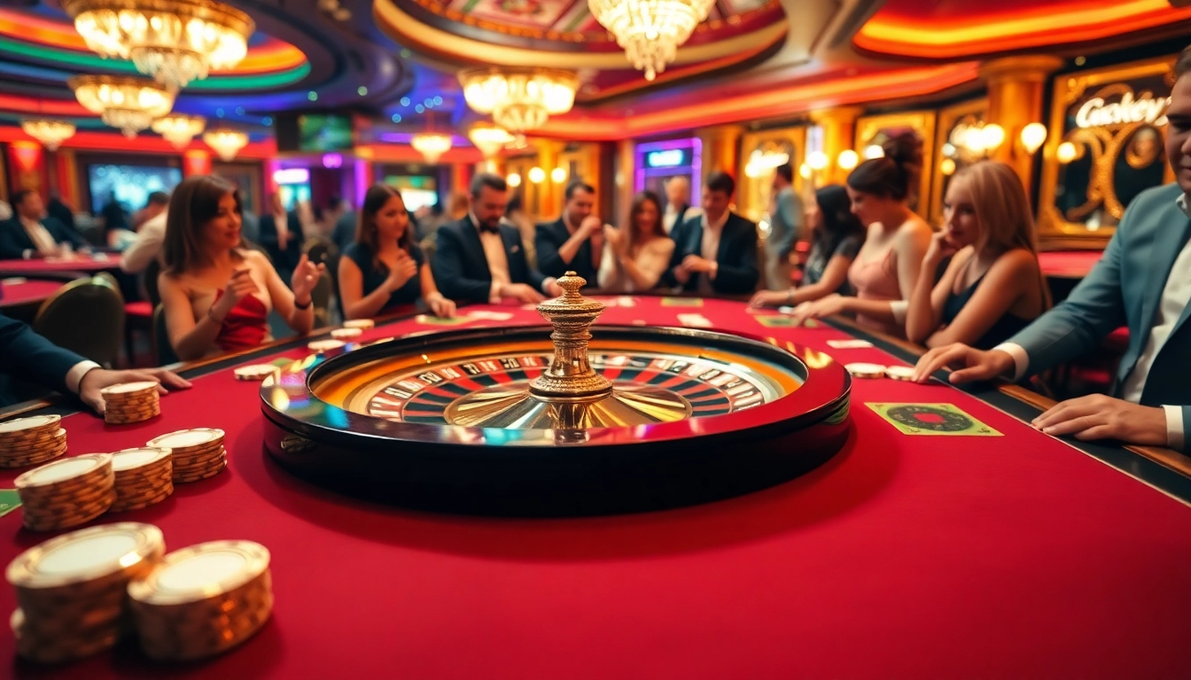 Players celebrating at a luxurious casino roulette table featuring Lucky88 branding, capturing excitement and thrill in gambling.