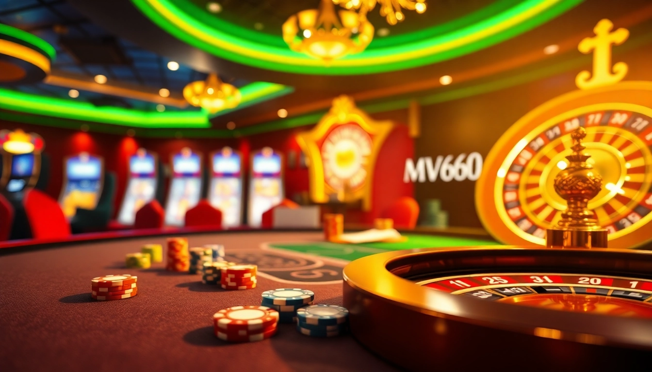 Experience the excitement of MV66.com with a vibrant casino scene including roulette, poker chips, and lively gaming interfaces.