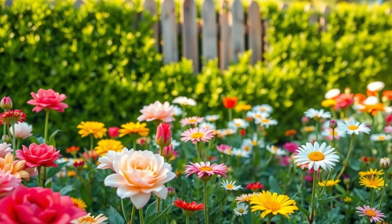 Gartenbau mit blühenden Blumen und einem gepflegten Garten in natürlichem Licht.