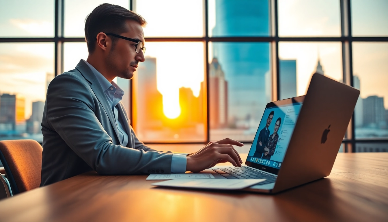 Headhunter Schweiz reviewing resumes in a modern office setting with warm lighting.