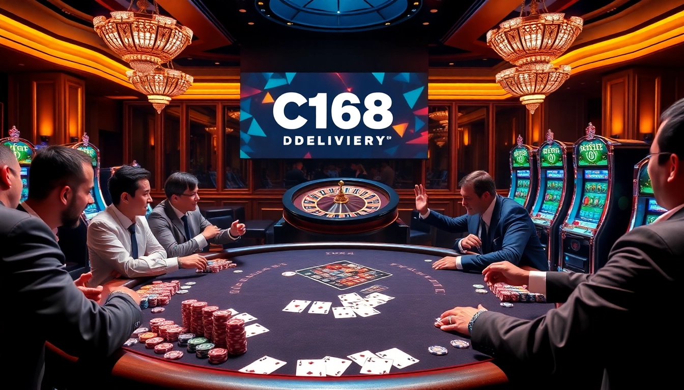 C168.DELIVERY offers an exciting casino experience featuring poker chips and vibrant card games.
