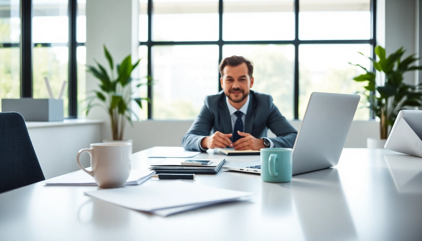 Headhunter conducting an interview via video call in a bright office.