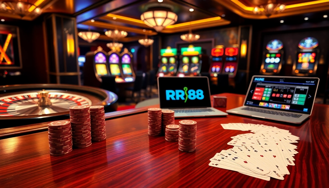 RR88 players winning big at a luxurious casino table, featuring poker chips and cards.