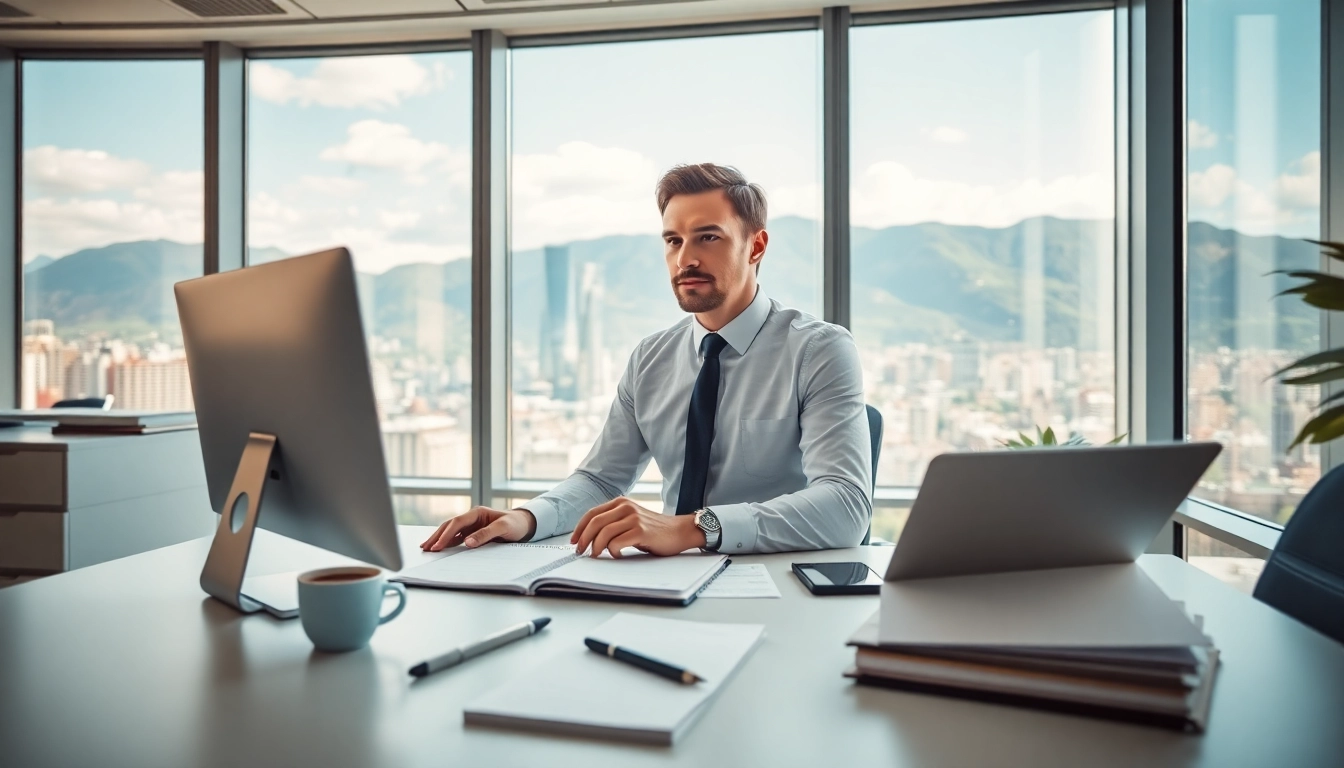 Headhunter Schweiz in a modern office discussing job opportunities with clients.