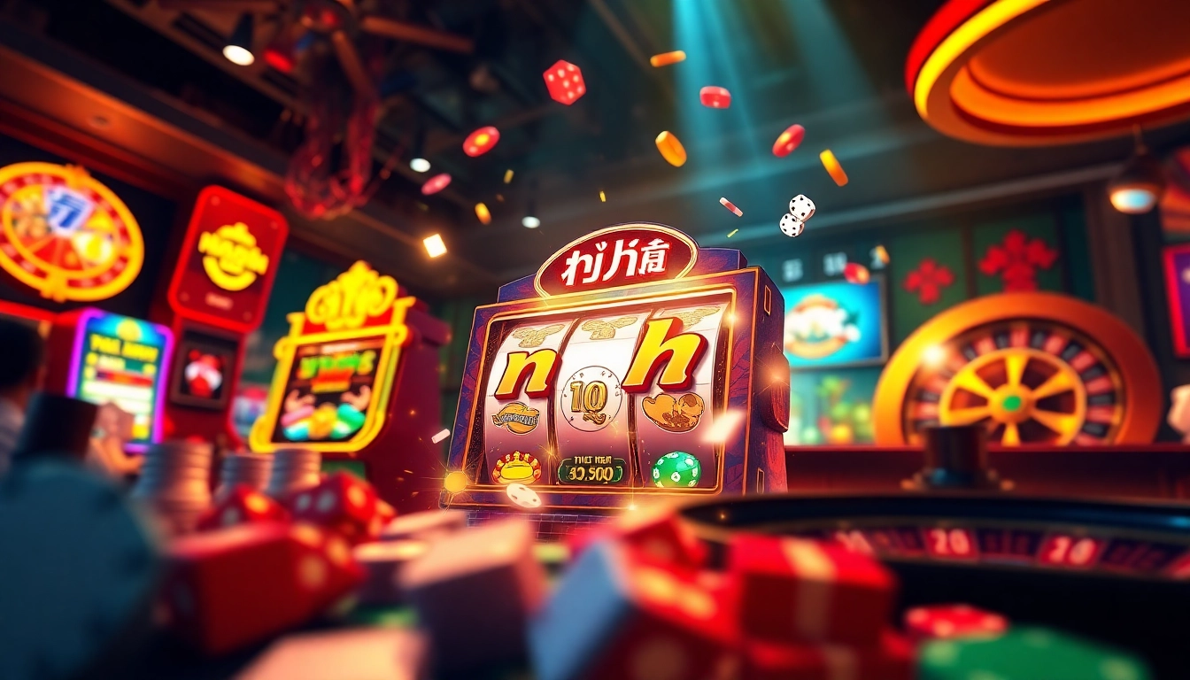 Experience the excitement of nổ hũ with vibrant slot machines and casino elements in this dynamic scene.