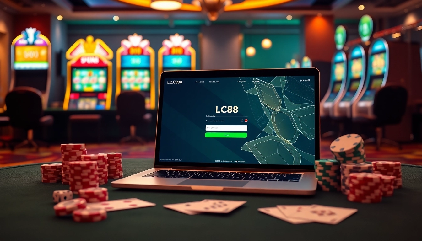 Engaging casino scene with players excitedly using Đăng Nhập LC88 to access online games.