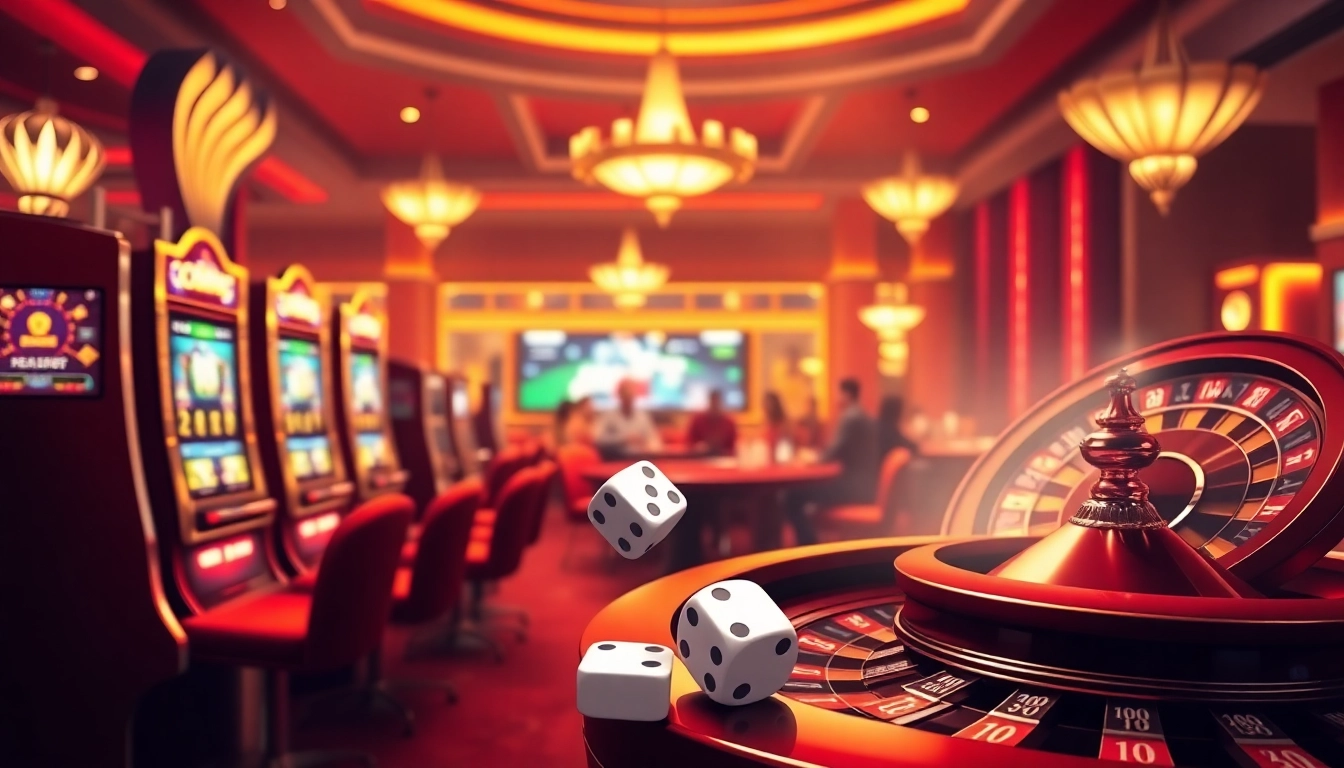 Engaging casino experience at slot365 with slot machines, poker tables, and vibrant roulette wheel.