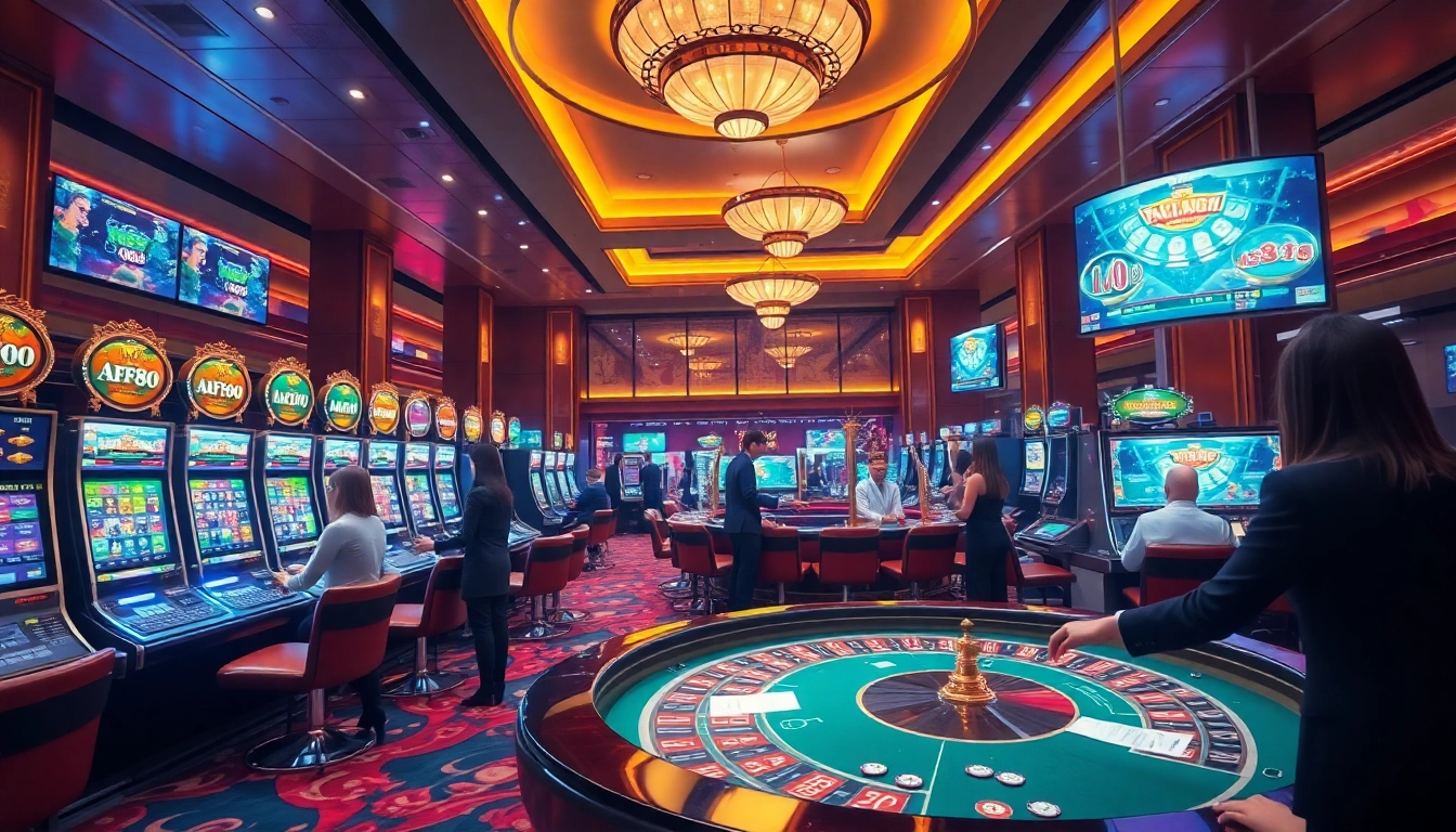 Exciting gambling action featuring Nhà cái AF88 with vibrant casino tables and players engaged in games.