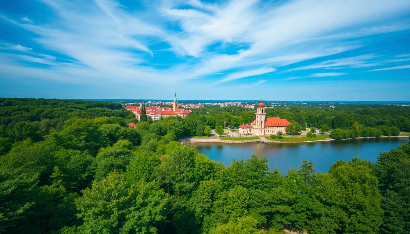 Drohnenaufnahmen Brandenburg in atemberaubender Landschaft mit grünen Wäldern und historischen Gebäuden.