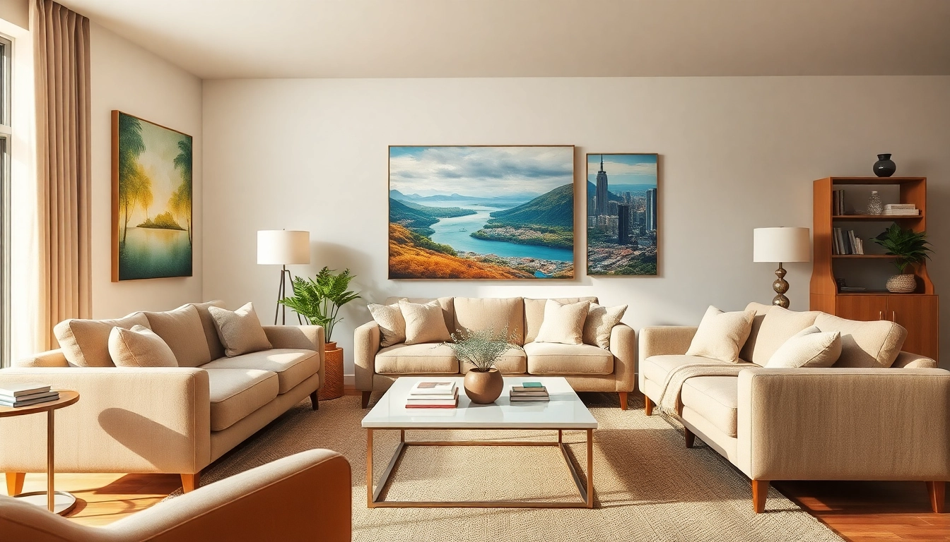 Modernes Wohnzimmer mit inspirierenden Bildern auf Leinwand, die Dekoration und Wärme verbessern.