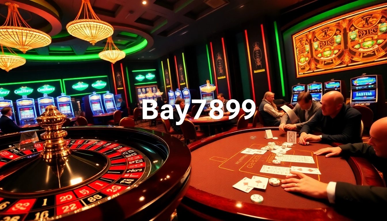Bay789 casino scene showcasing players at a poker table amid a luxurious gambling atmosphere.