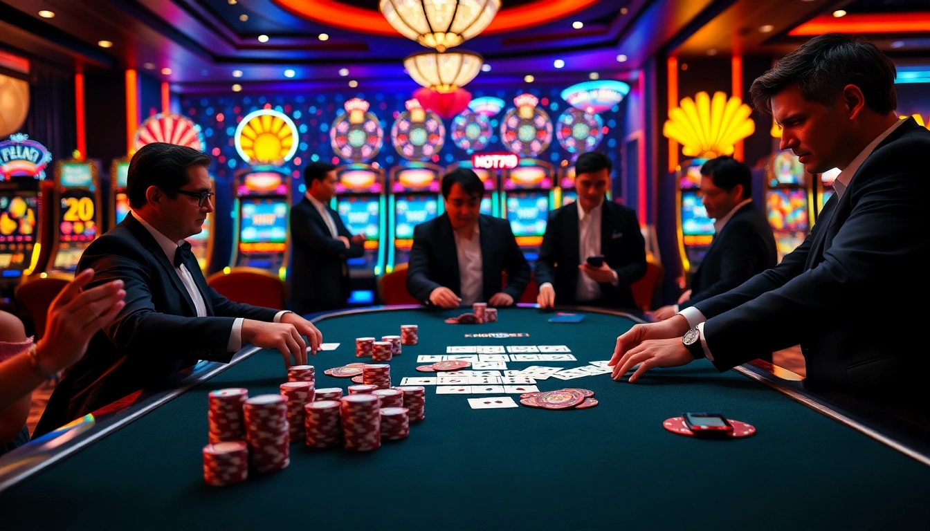 Engaged players aiming for wins at the HOT789 casino table with vibrant poker chips and cards.