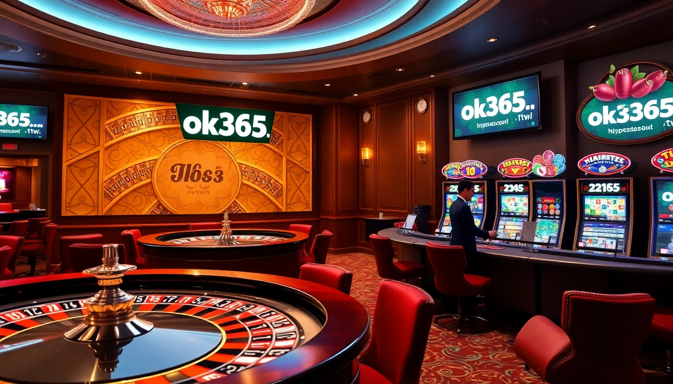 The dynamic online gambling atmosphere at https://ok365.tw/ showcasing luxurious casino elements like roulette, poker chips, and engaging players.