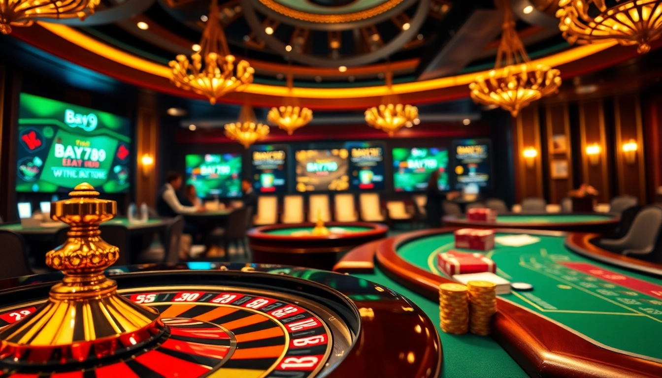 Bay789 online gaming scene with vibrant casino elements, roulette wheel, and engaged players.